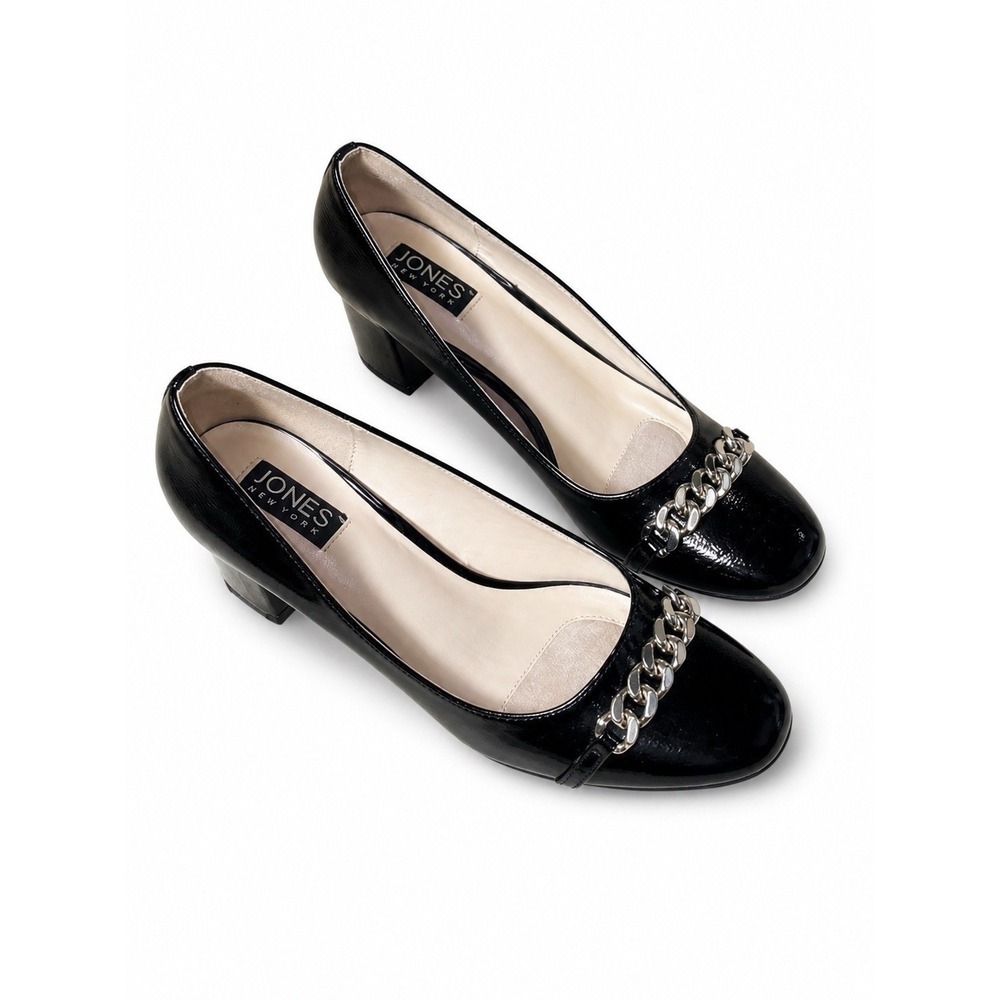 Jones New York Size 7.5 Black Patent Leather Pumps Chain Block Heel Women's